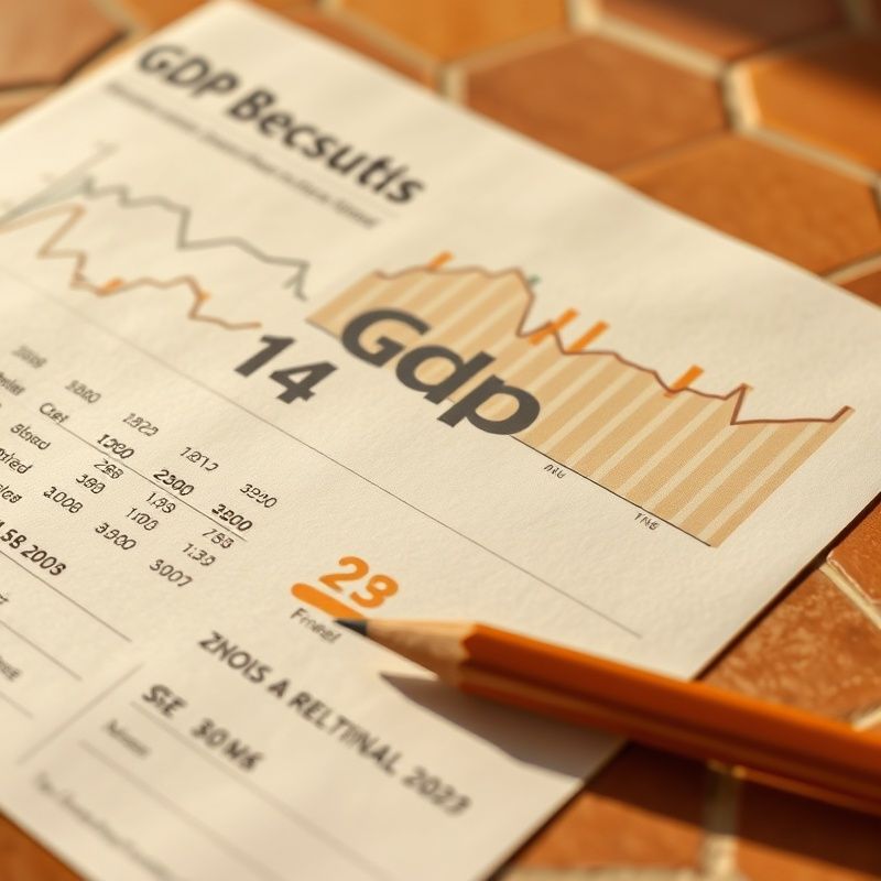Primer plano de gráficos de datos del PIB impresos con anotaciones en lápiz terracota