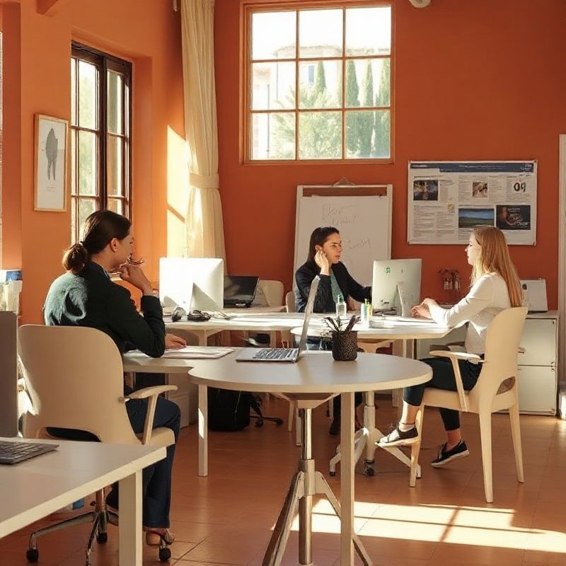 Equipo de redacción trabajando en una pequeña oficina con luz natural