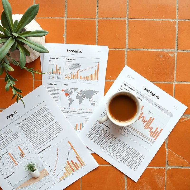 Informes económicos impresos y una taza de café sobre un escritorio ocre