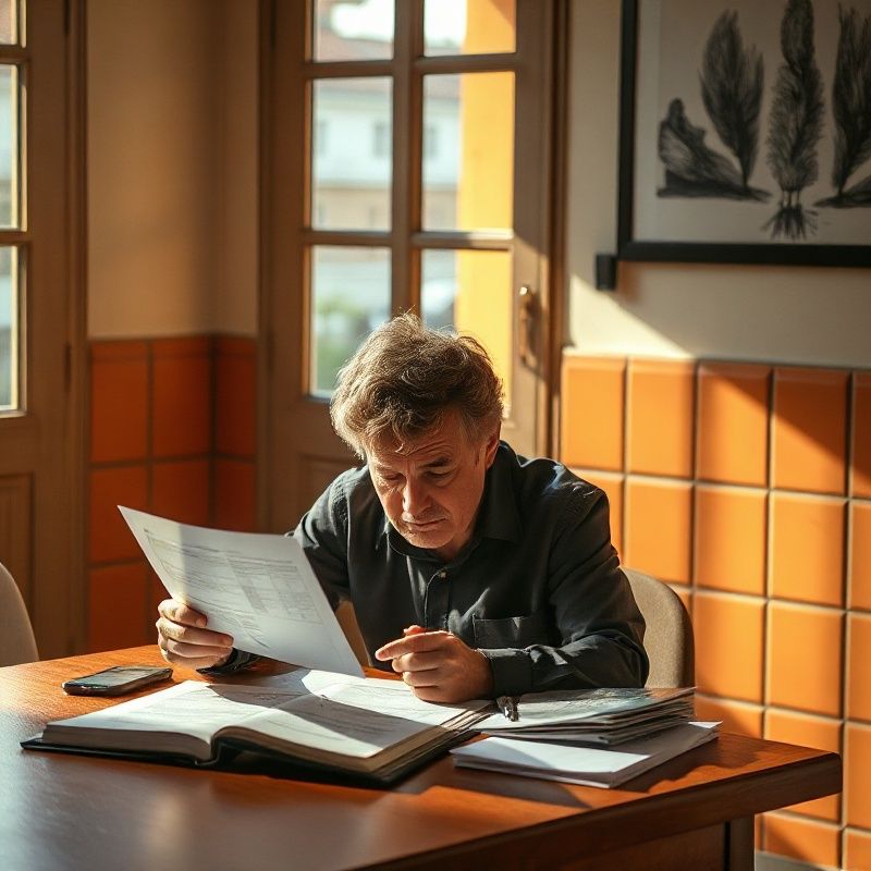 Persona revisando documentos de subsidio por desempleo con luz natural cálida